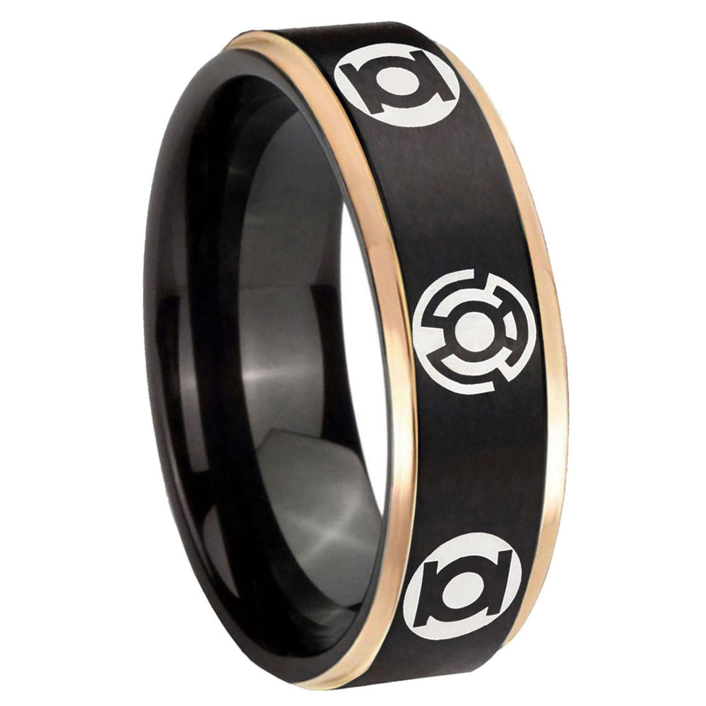 8mm Blue Green Lantern Rose Gold Step Edge Black Tungsten Ring