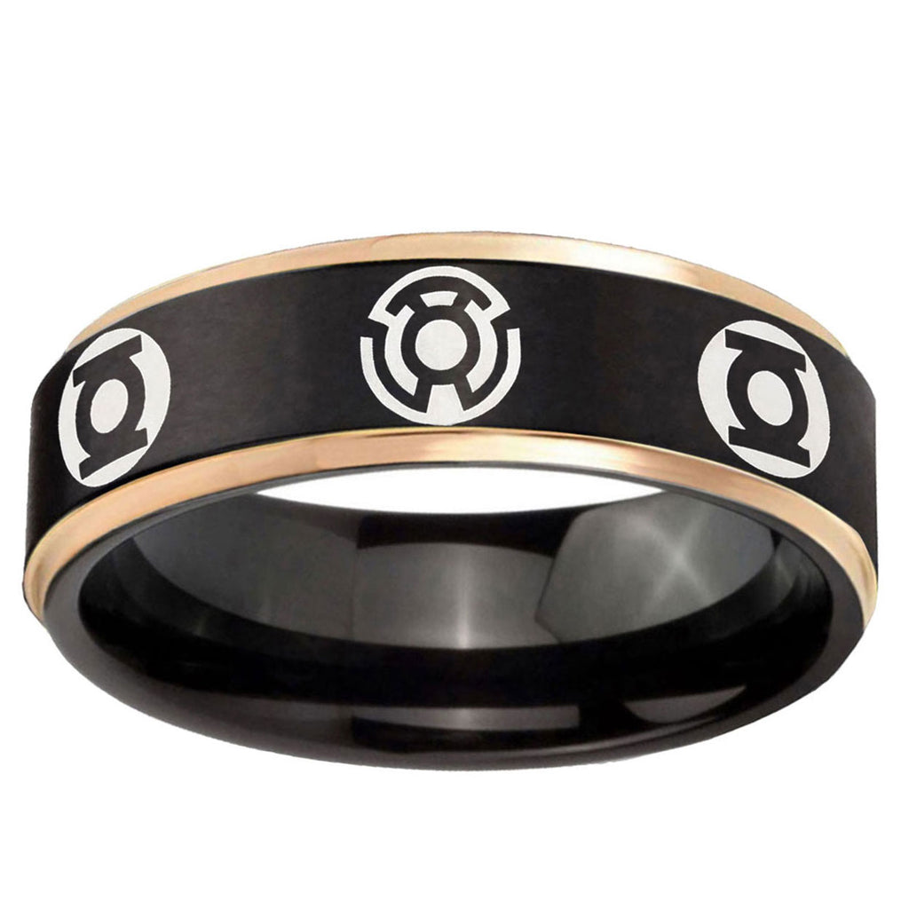 6mm Blue Green Lantern Rose Gold Step Edge Black Tungsten Ring