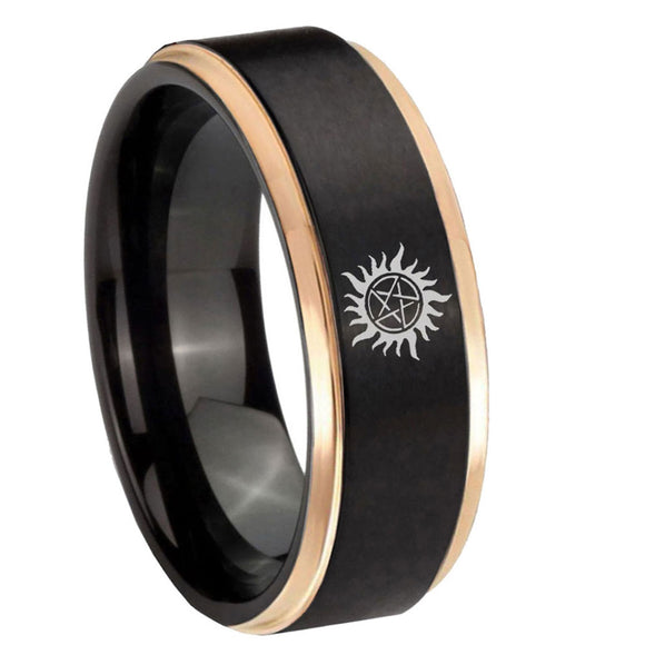8mm Supernatural Step Edge Black Rose Gold Custom Engraved Wedding Bands