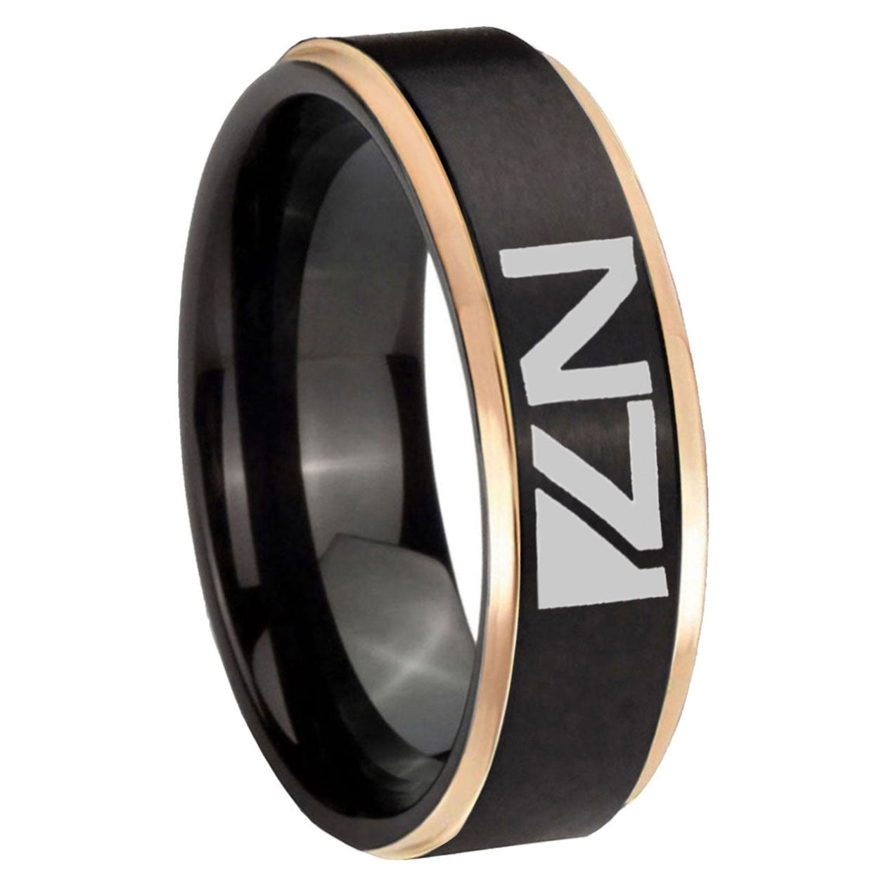 8mm N7 Design Rose Gold Step Edge Black Tungsten Ring