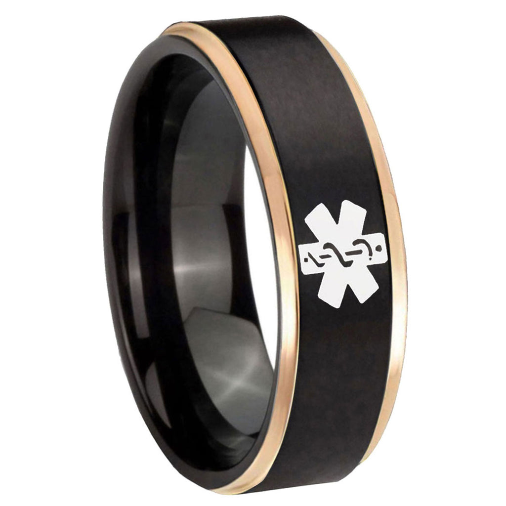 8mm Medical Alert Rose Gold Step Edge Black Tungsten Ring
