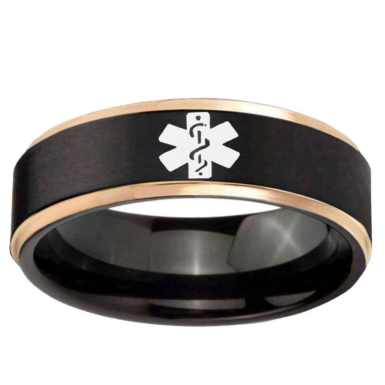 6mm Medical Alert Rose Gold Step Edge Black Tungsten Ring