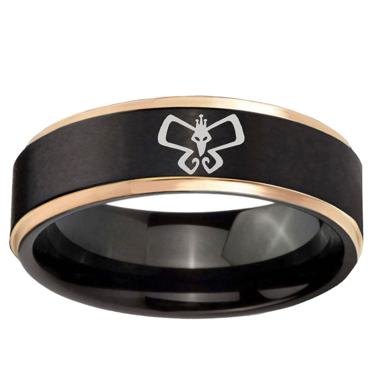 6mm Monarch Rose Gold Step Edge Black Tungsten Ring Engraved