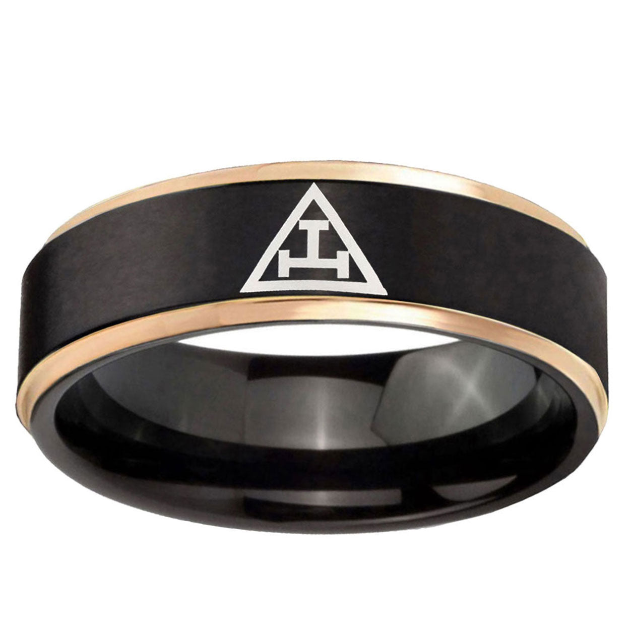 6mm Masonic Triple Rose Gold Step Edge Black Tungsten Ring