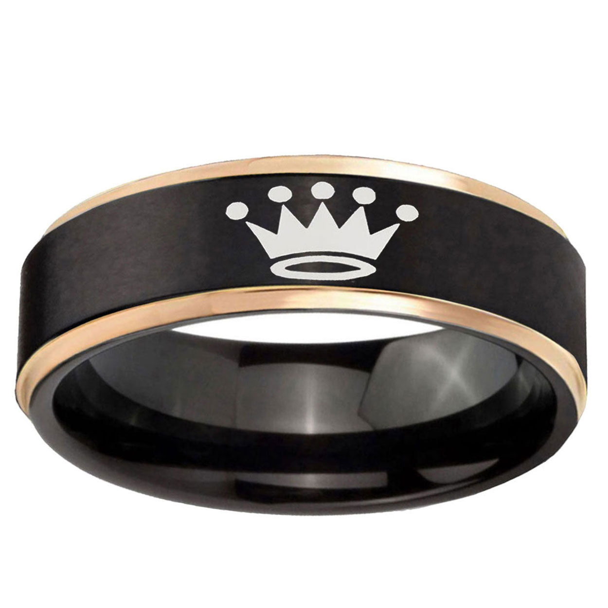 6mm Crown Rose Gold Step Edge Black Tungsten Mens Ring