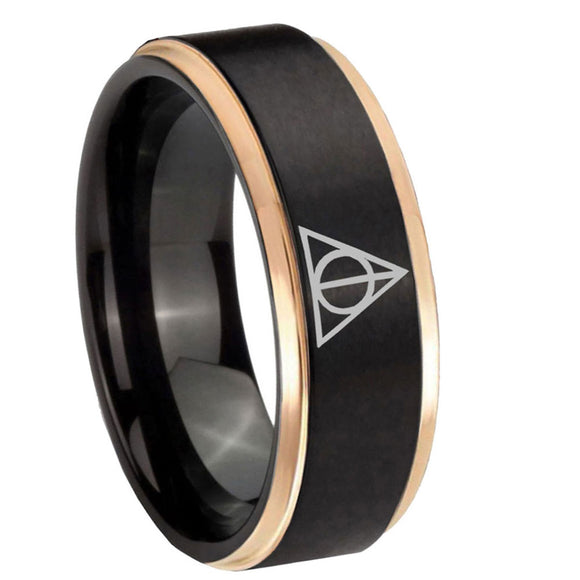 8mm-Deathly-Hallows-Black-Rose-Gold-Step-Edges-Tungsten-Carbide-Mens-Wedding-Ring