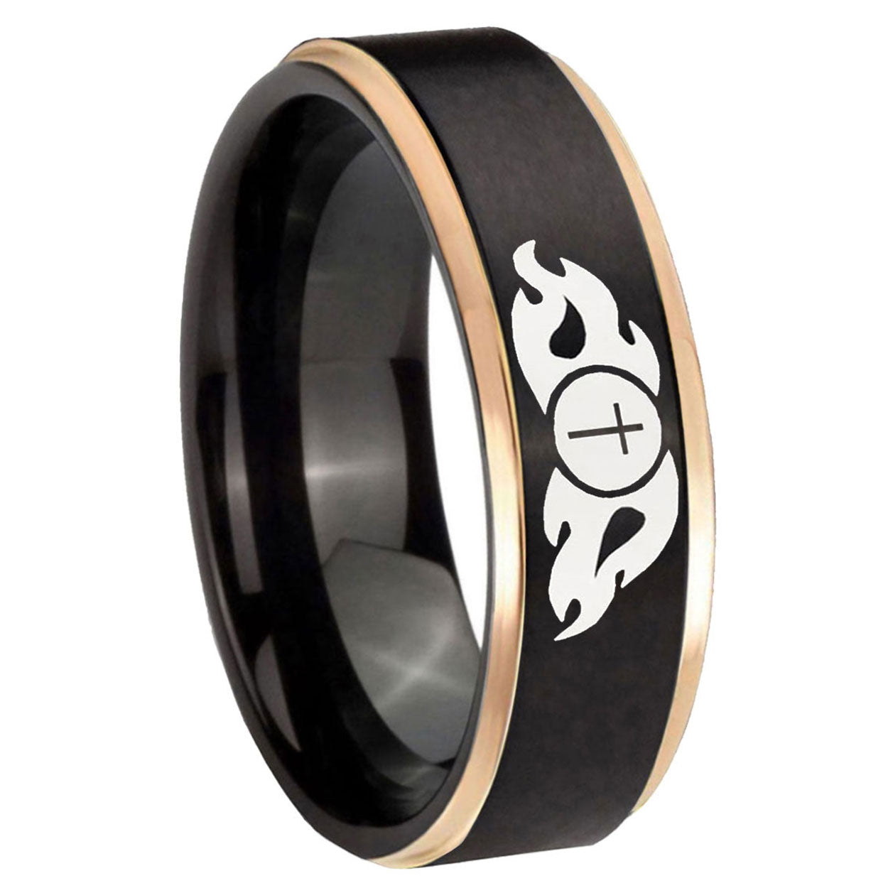 8mm Flamed Cross Rose Gold Step Edge Black Tungsten Ring