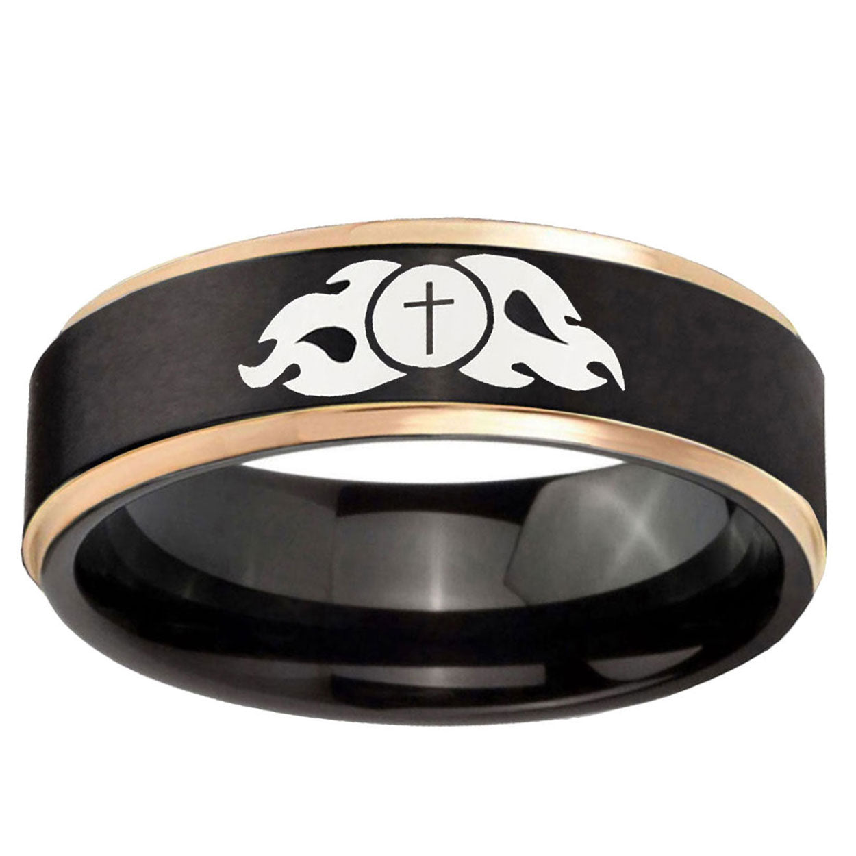 6mm Flamed Cross Rose Gold Step Edge Black Tungsten Ring
