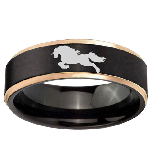6mm Horse Rose Gold Step Edge Black Tungsten Wedding Band