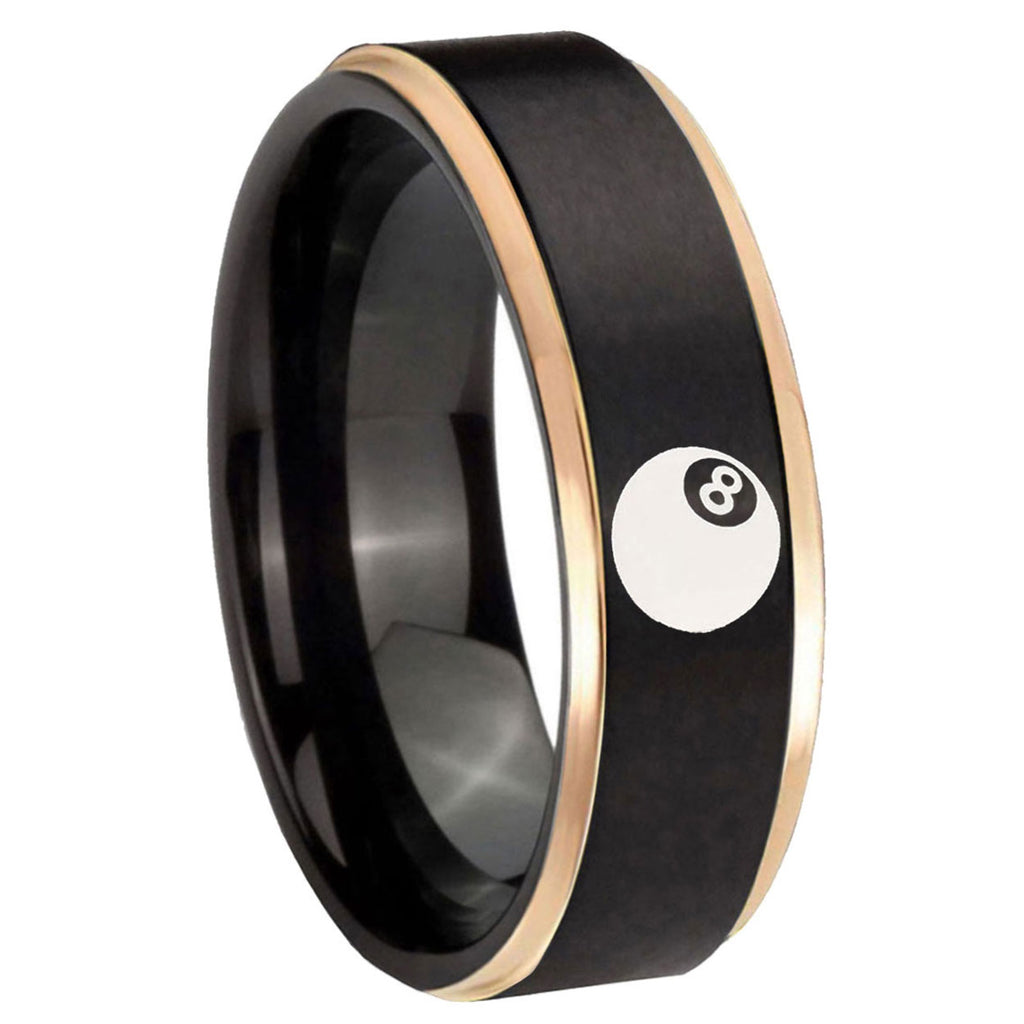 8mm 8 Ball Rose Gold Step Edge Black Tungsten Engraved Ring