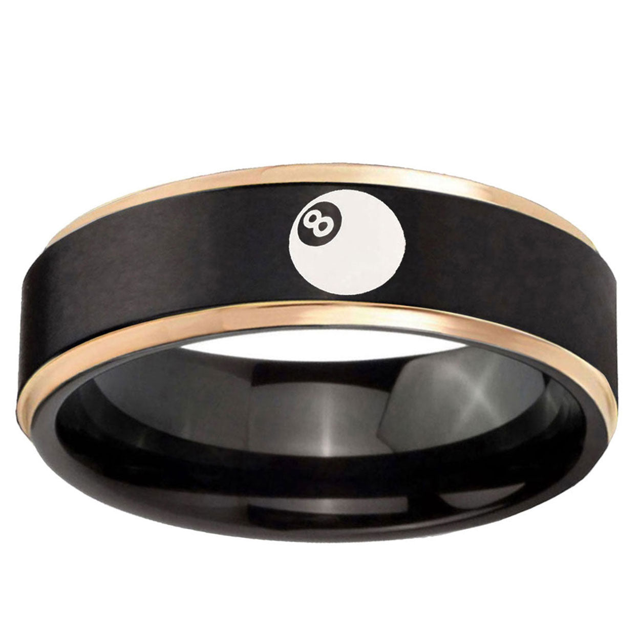 6mm 8 Ball Rose Gold Step Edge Black Tungsten Engraved Ring