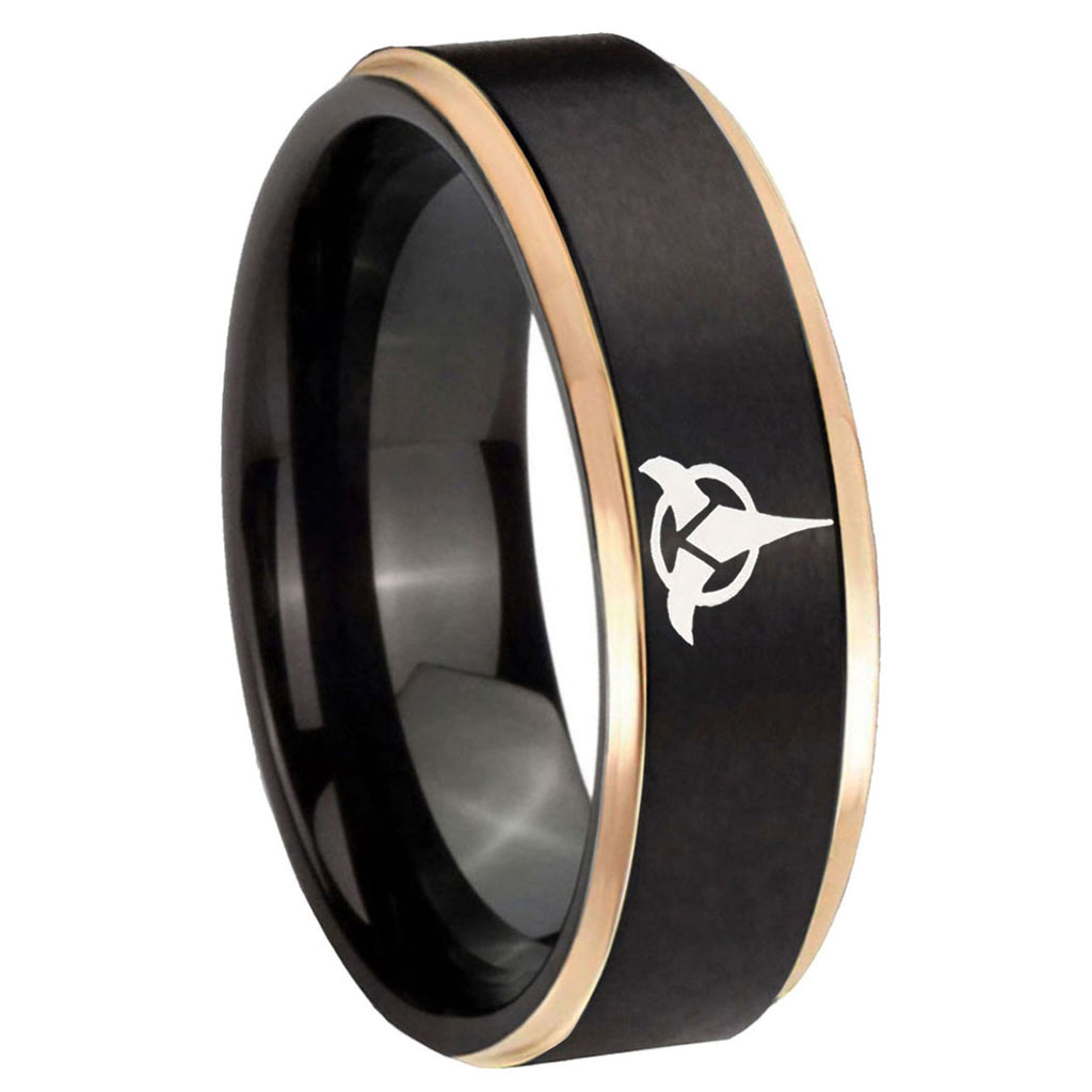 8mm Klingon Rose Gold Step Edge Black Tungsten Engraved Ring