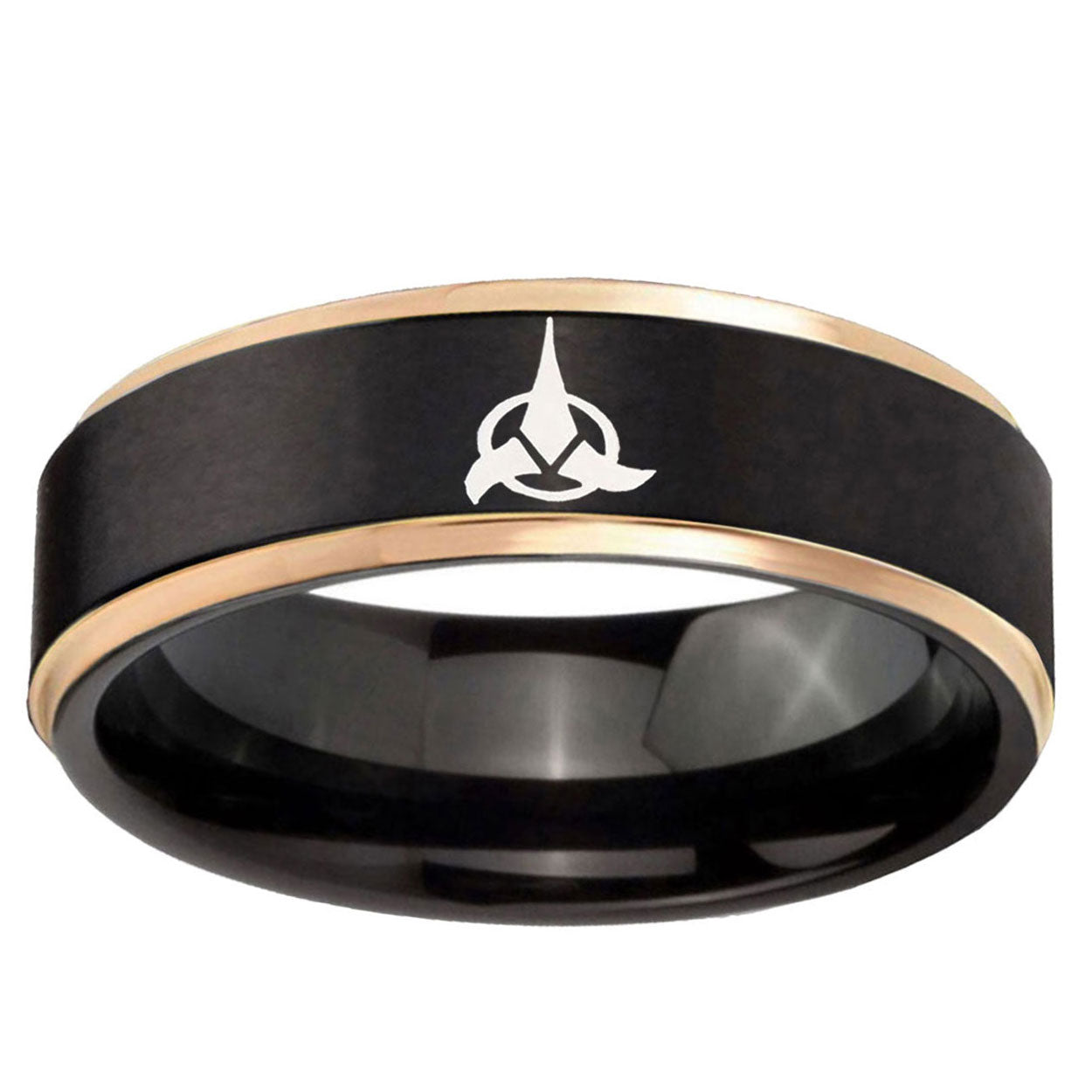 6mm Klingon Rose Gold Step Edge Black Tungsten Engraved Ring