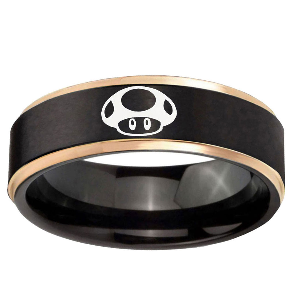 6mm Mario Mushroom Rose Gold Step Edge Black Tungsten Band