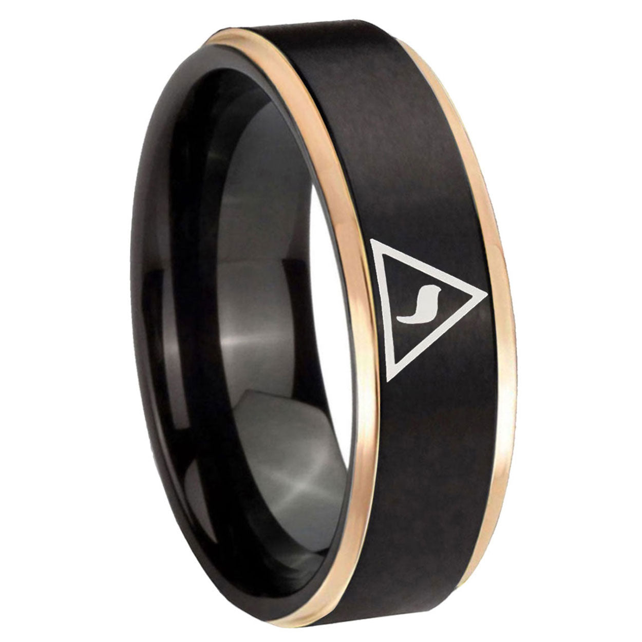 8mm Masonic Yod Rose Gold Step Edge Black Tungsten Ring