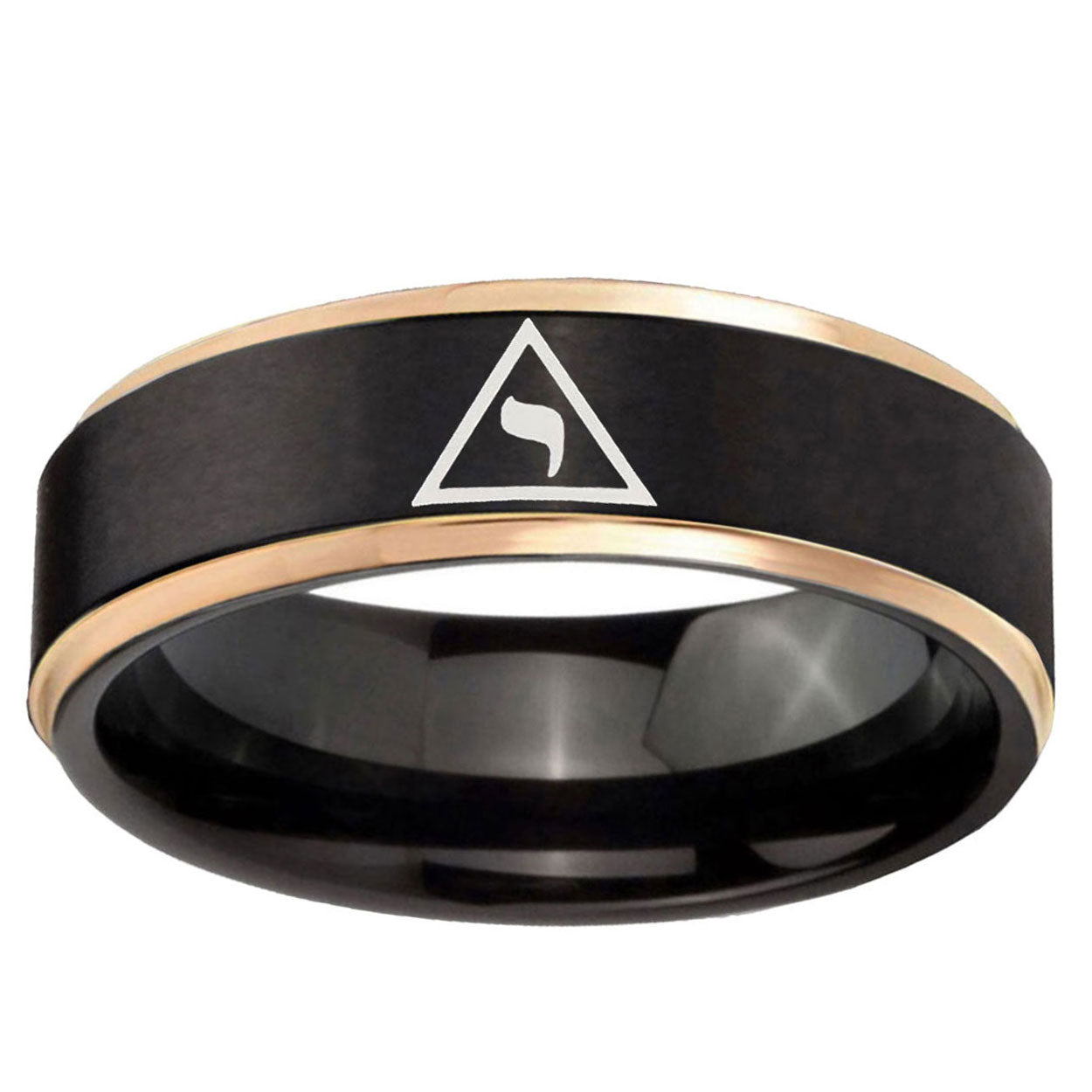 6mm Masonic Yod Rose Gold Step Edge Black Tungsten Ring