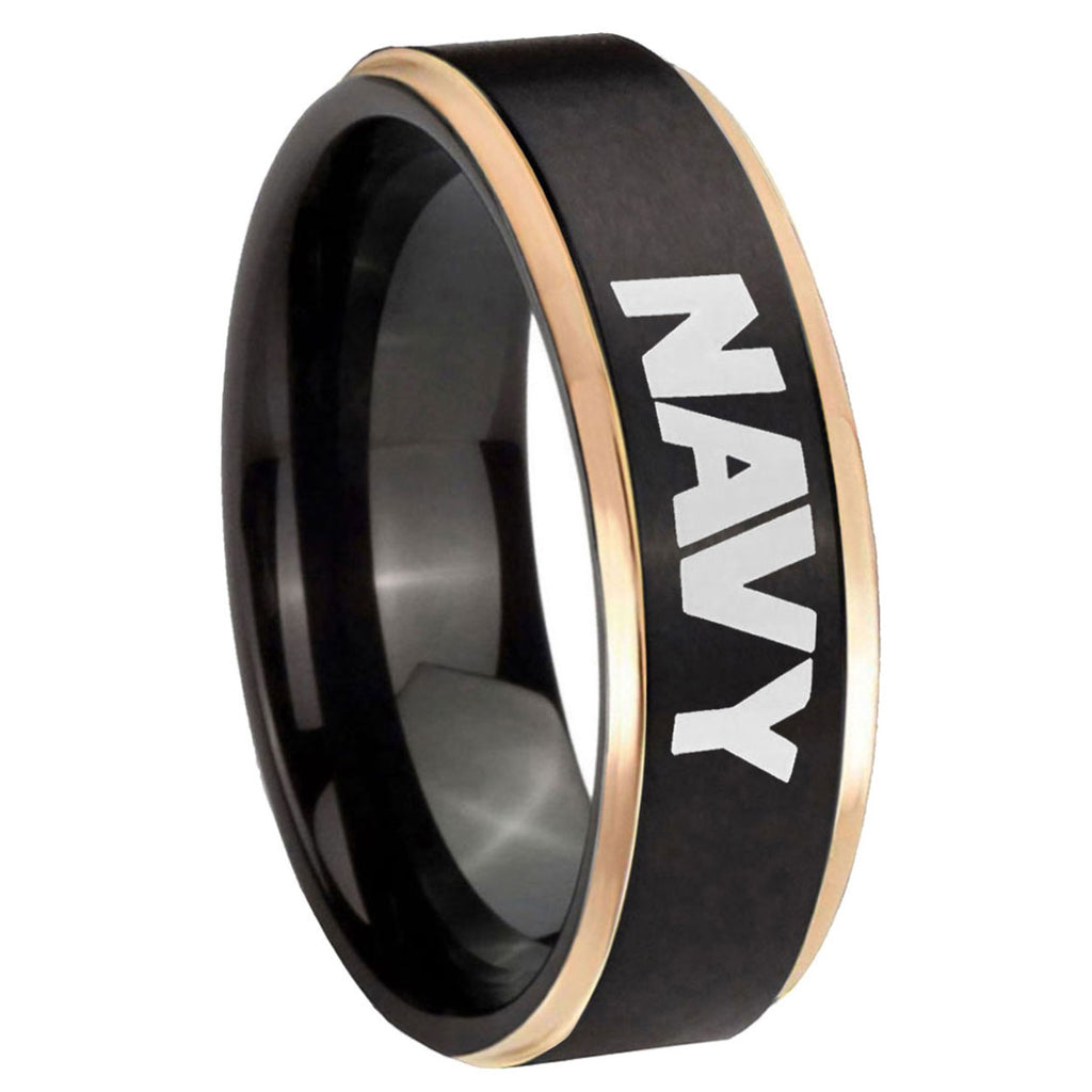 8mm Navy Rose Gold Step Edge Black Tungsten Men Bands