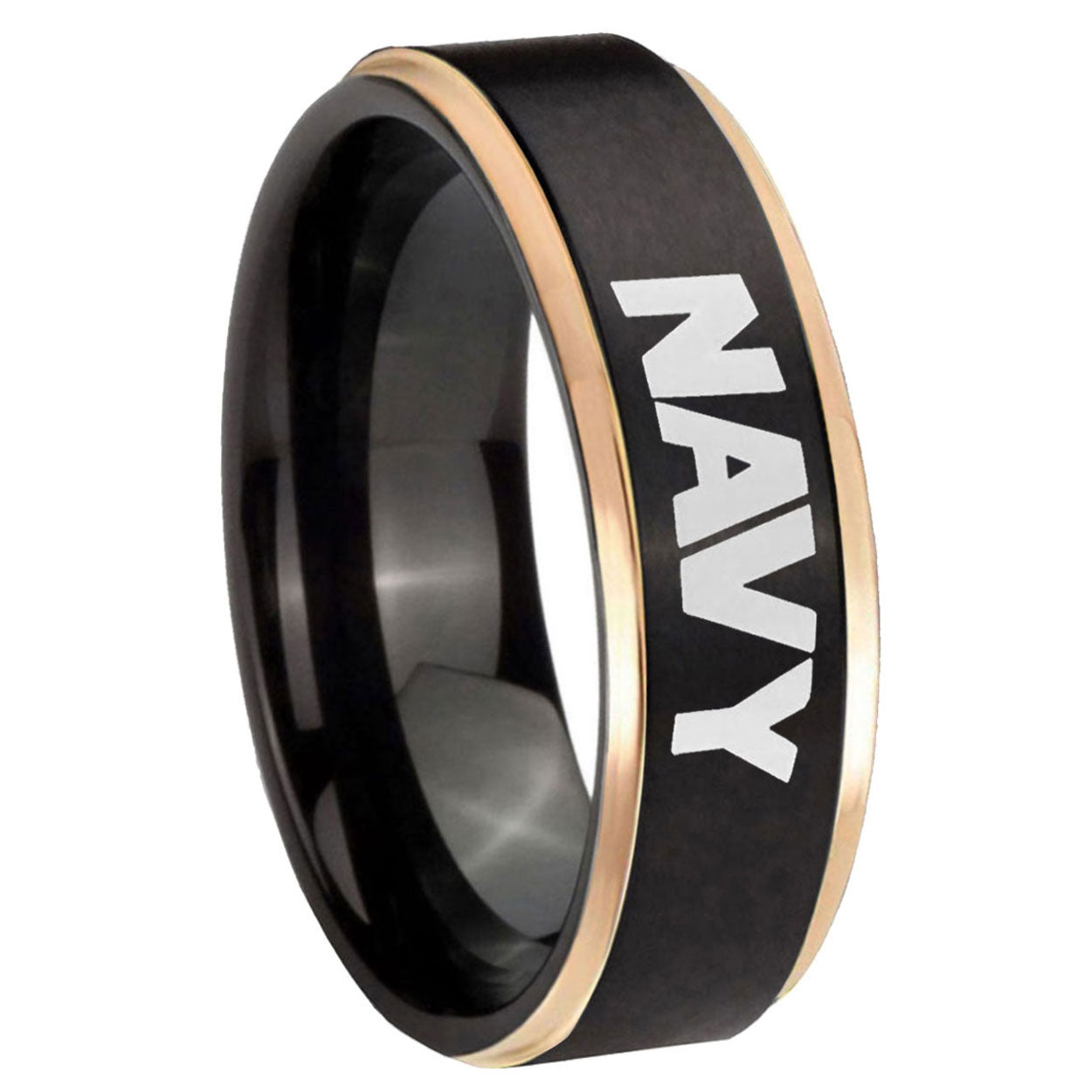 8mm Navy Rose Gold Step Edge Black Tungsten Men Bands