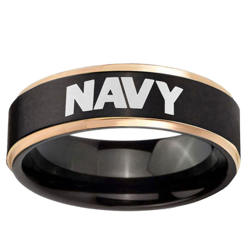 6mm Navy Rose Gold Step Edge Black Tungsten Men Bands