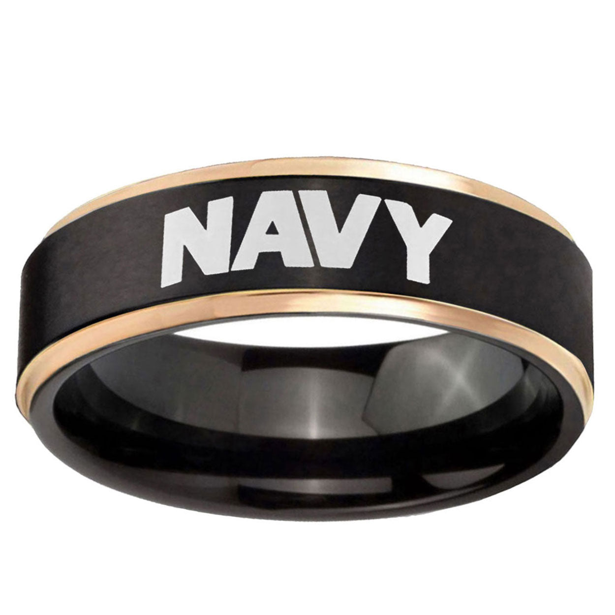6mm Navy Rose Gold Step Edge Black Tungsten Men Bands