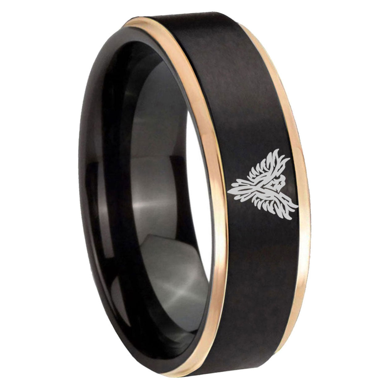 8mm Phoenix Rose Gold Step Edge Black Tungsten Men's Ring