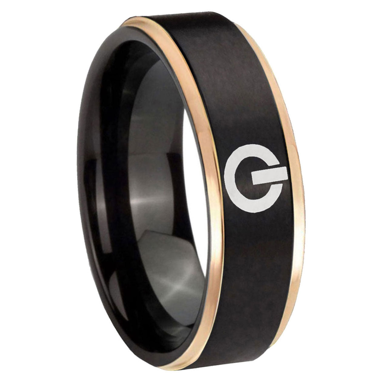 8mm Power Rose Gold Step Edge Black Tungsten Ring Engraved