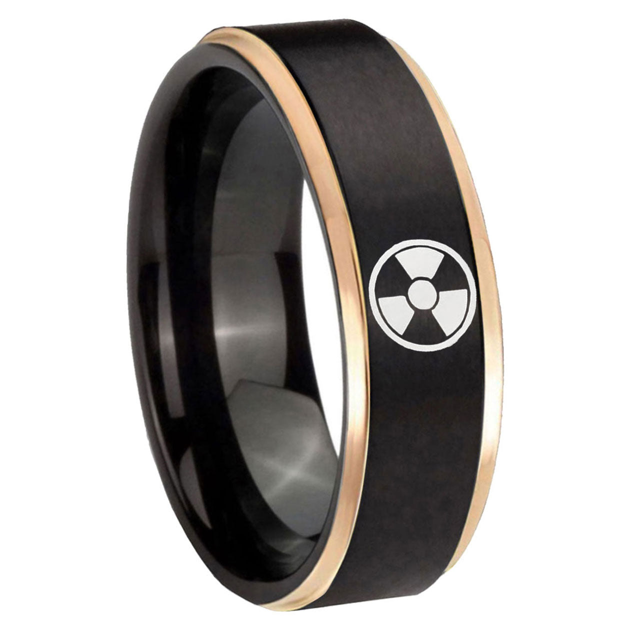 8mm Radiation Rose Gold Step Edge Black Tungsten Ring