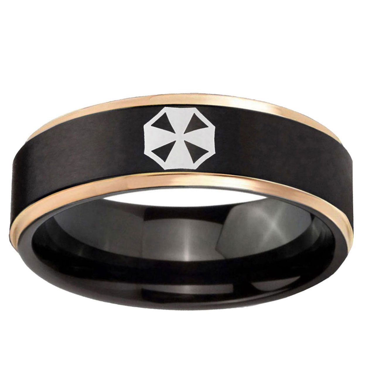 6mm Resident Evil Rose Gold Step Edge Black Tungsten Bands
