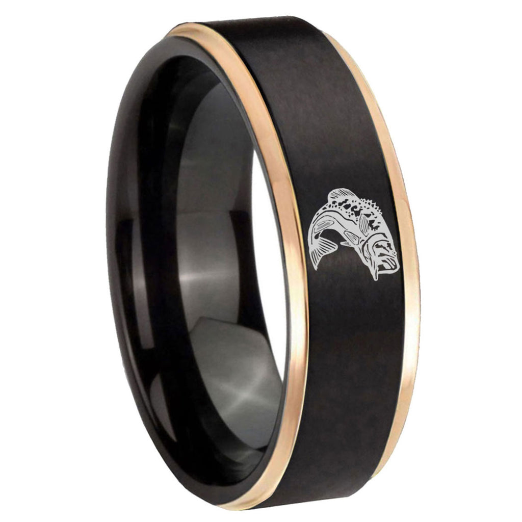 8mm Fishing Rose Gold Step Edge Black Tungsten Promised Ring