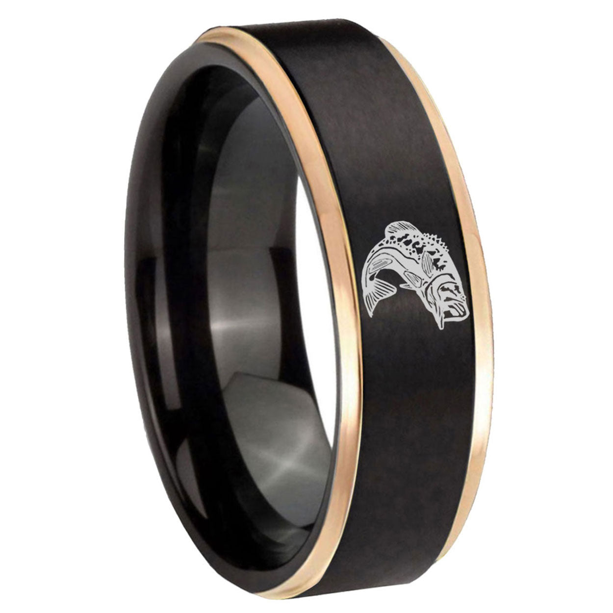 8mm Fishing Rose Gold Step Edge Black Tungsten Promised Ring