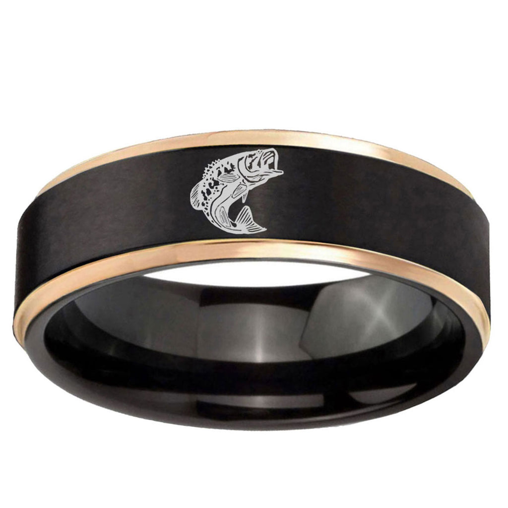 6mm Fishing Rose Gold Step Edge Black Tungsten Promised Ring