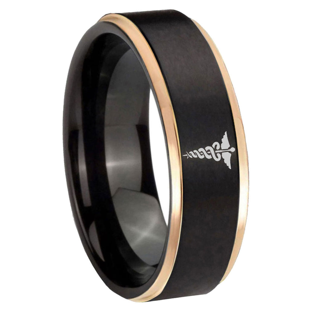 8mm Medical Symbol Rose Gold Step Edge Black Tungsten Band