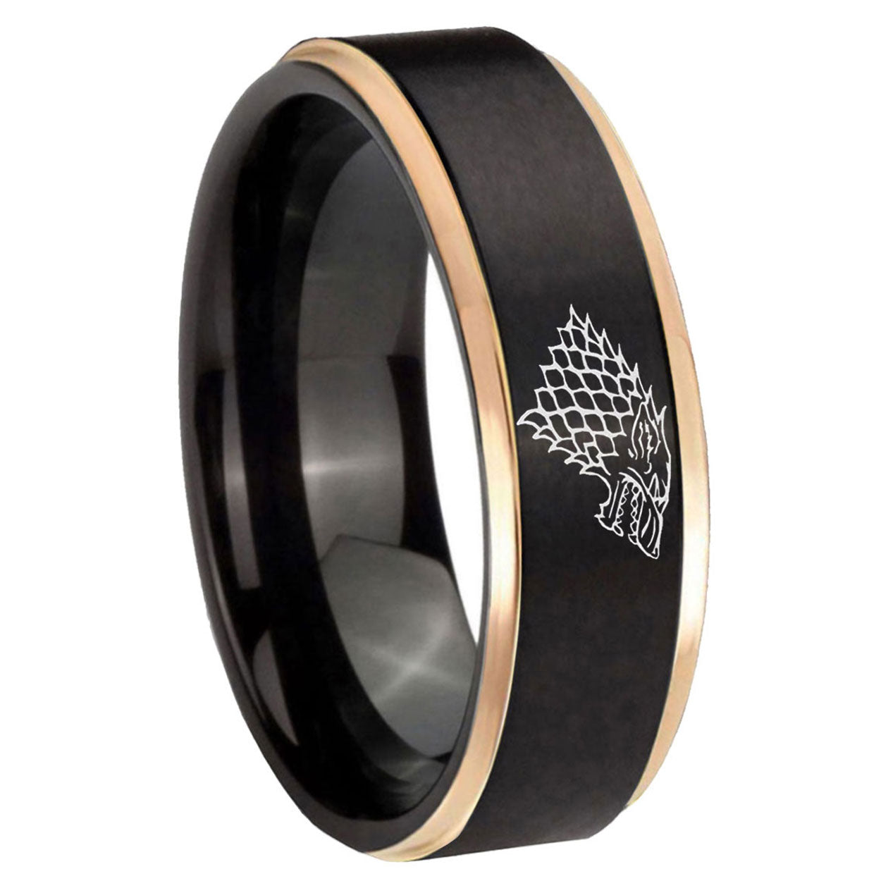8mm Game Of Thrones House Stark Direwolf Rose Gold Step Edge Black Tungsten Ring