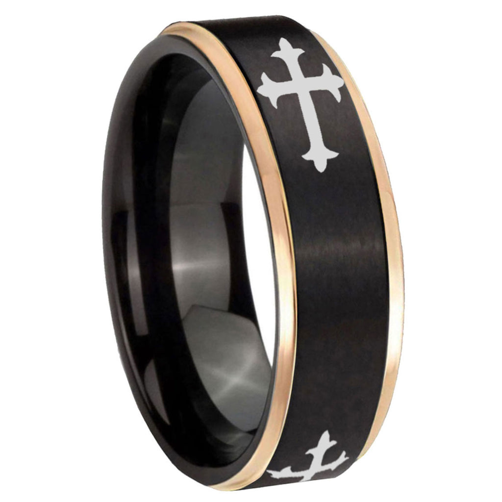 8mm Christian Cross Religious Rose Gold Step Edge Black Tungsten Ring