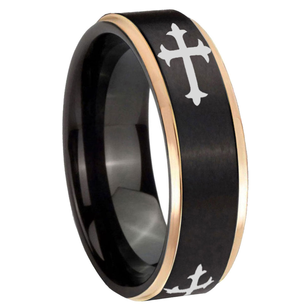 8mm Christian Cross Religious Rose Gold Step Edge Black Tungsten Ring