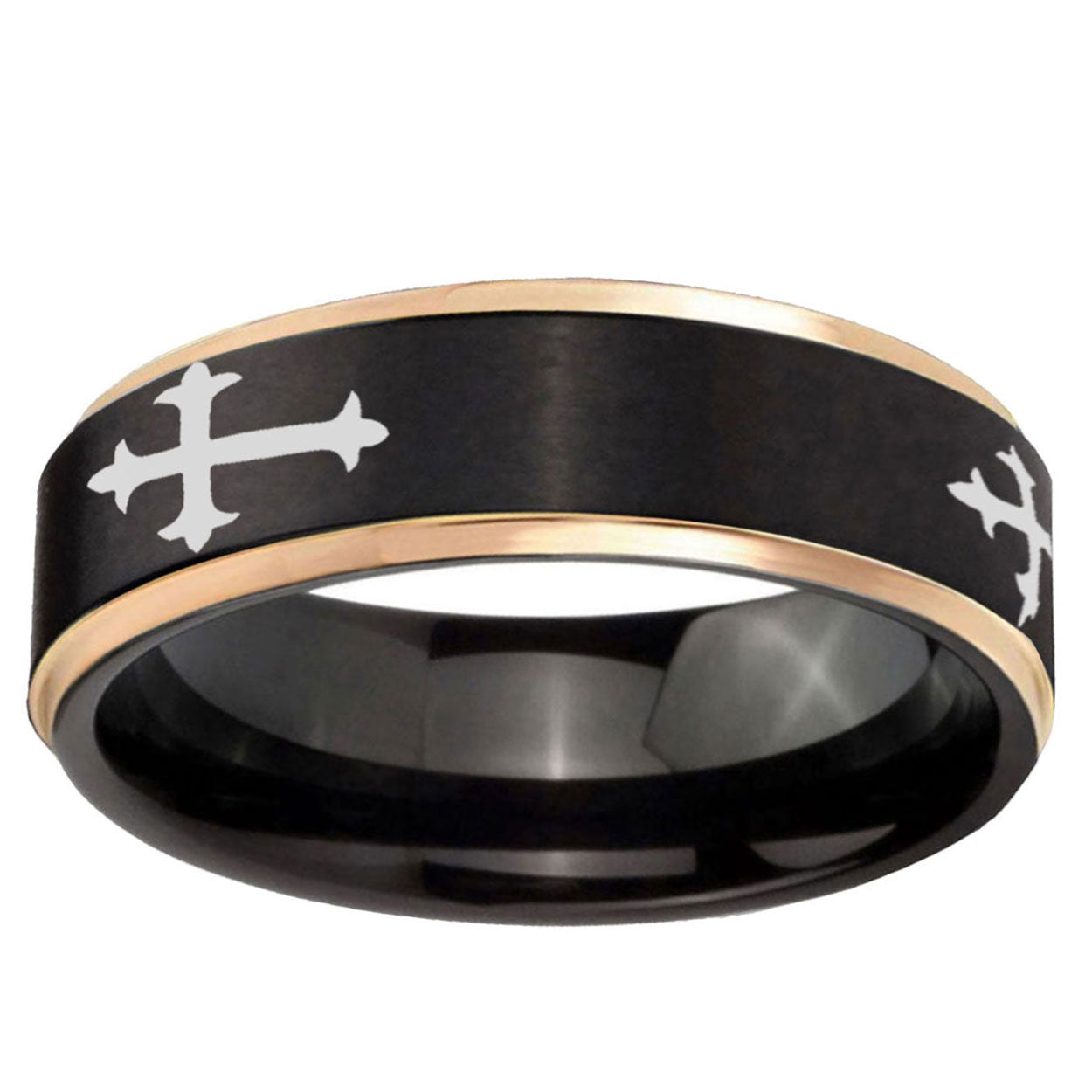 6mm Christian Cross Religious Rose Gold Step Edge Black Tungsten Ring