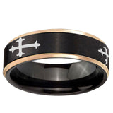 6mm Christian Cross Religious Rose Gold Step Edge Black Tungsten Promised Ring