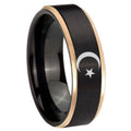 8mm Crescent Moon Stars Rose Gold Step Edge Black Tungsten Ring