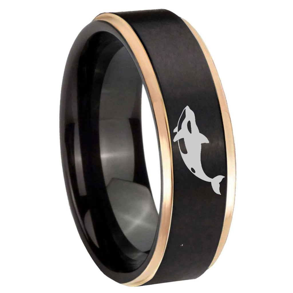 8mm Keller Whale Rose Gold Step Edge Black Tungsten Ring