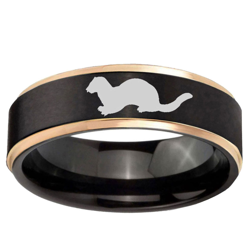 6mm Otter Rose Gold Step Edge Black Tungsten Mens Ring
