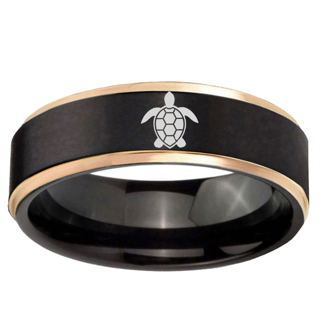 6mm Sea Turtle Design Rose Gold Step Edge Black Tungsten Ring
