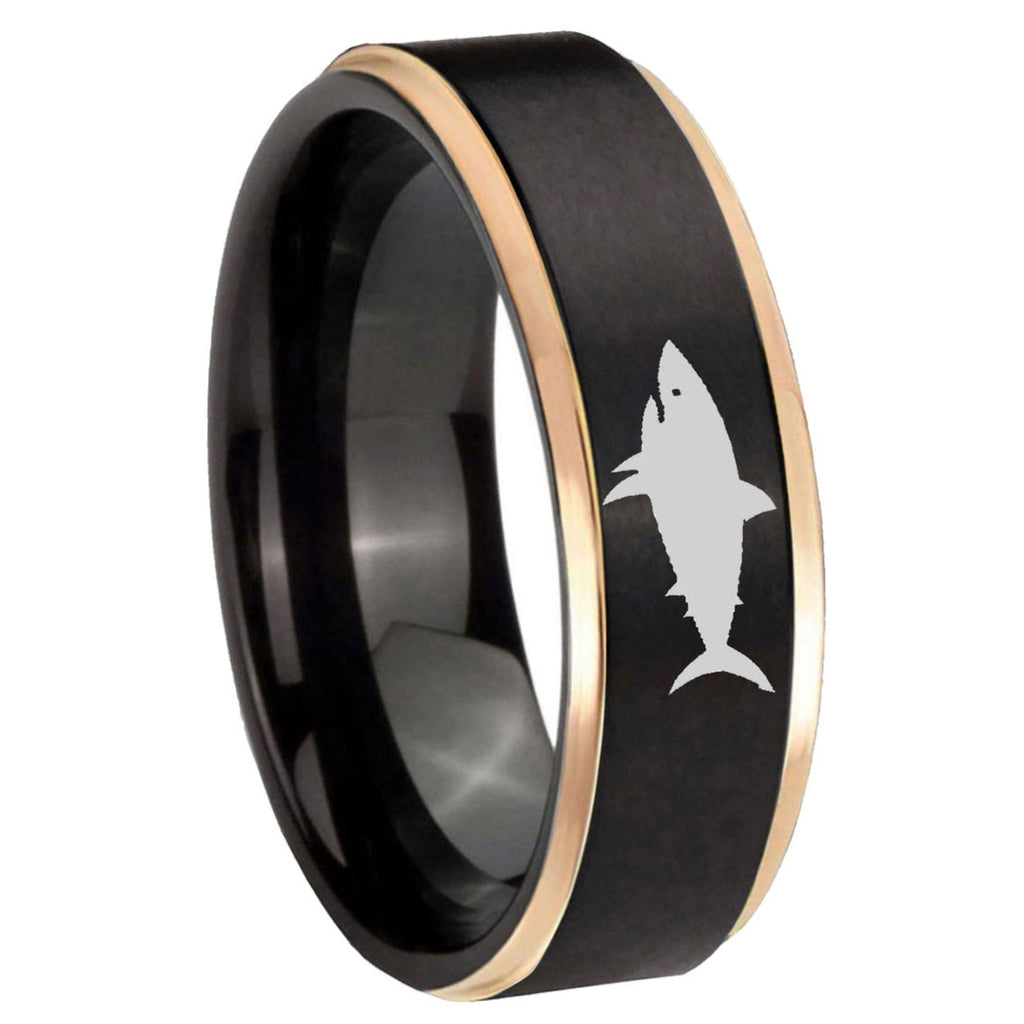 8mm Shark Rose Gold Step Edge Black Tungsten Promised Ring
