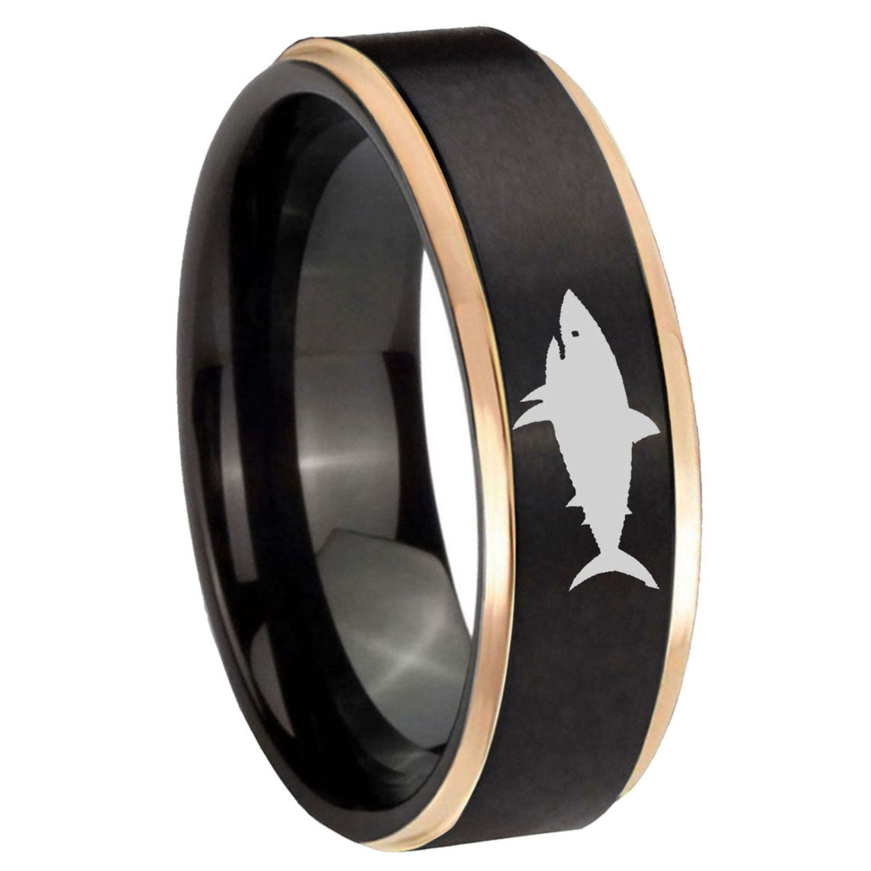8mm Shark Rose Gold Step Edge Black Tungsten Promised Ring