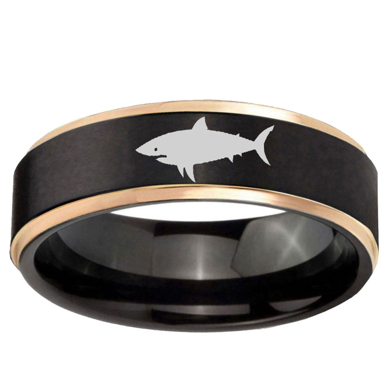 6mm Shark Rose Gold Step Edge Black Tungsten Promised Ring