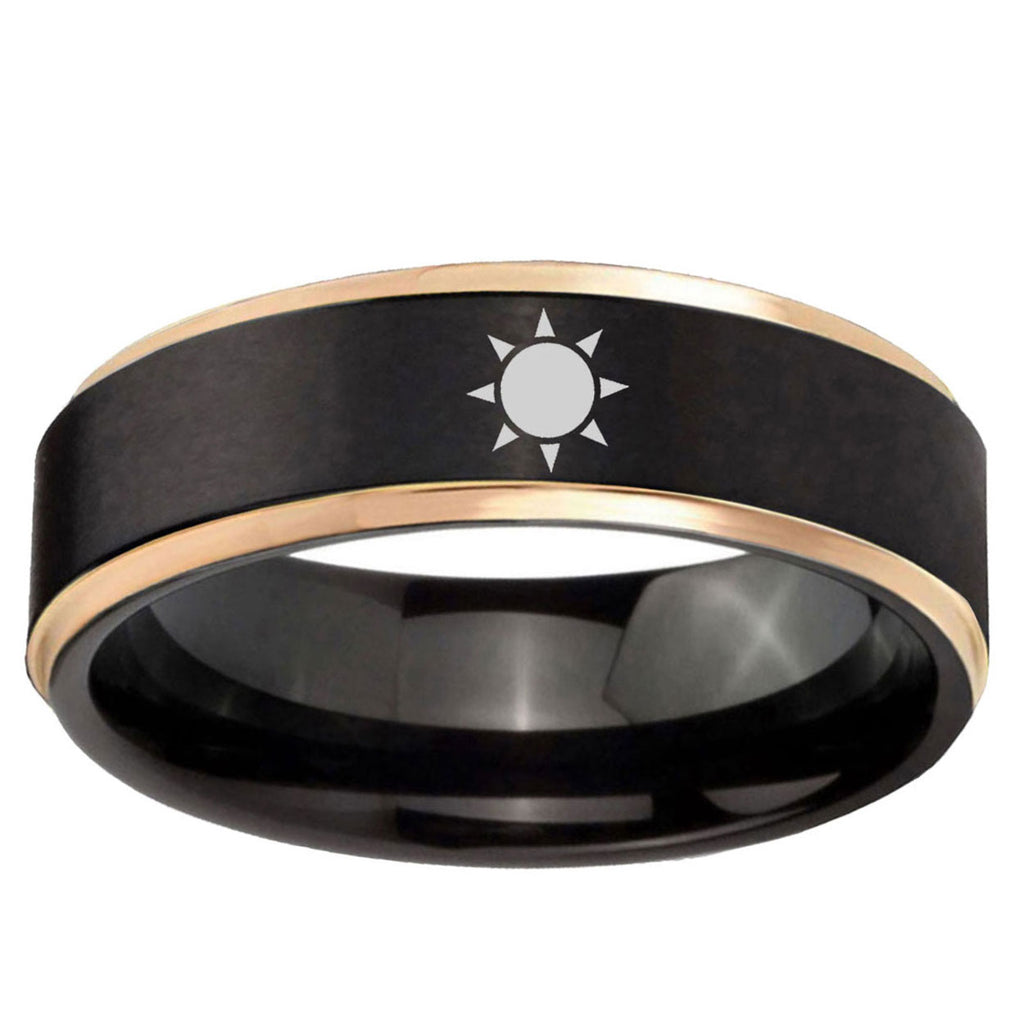 6mm Sun Design Rose Gold Step Edge Black Tungsten Ring