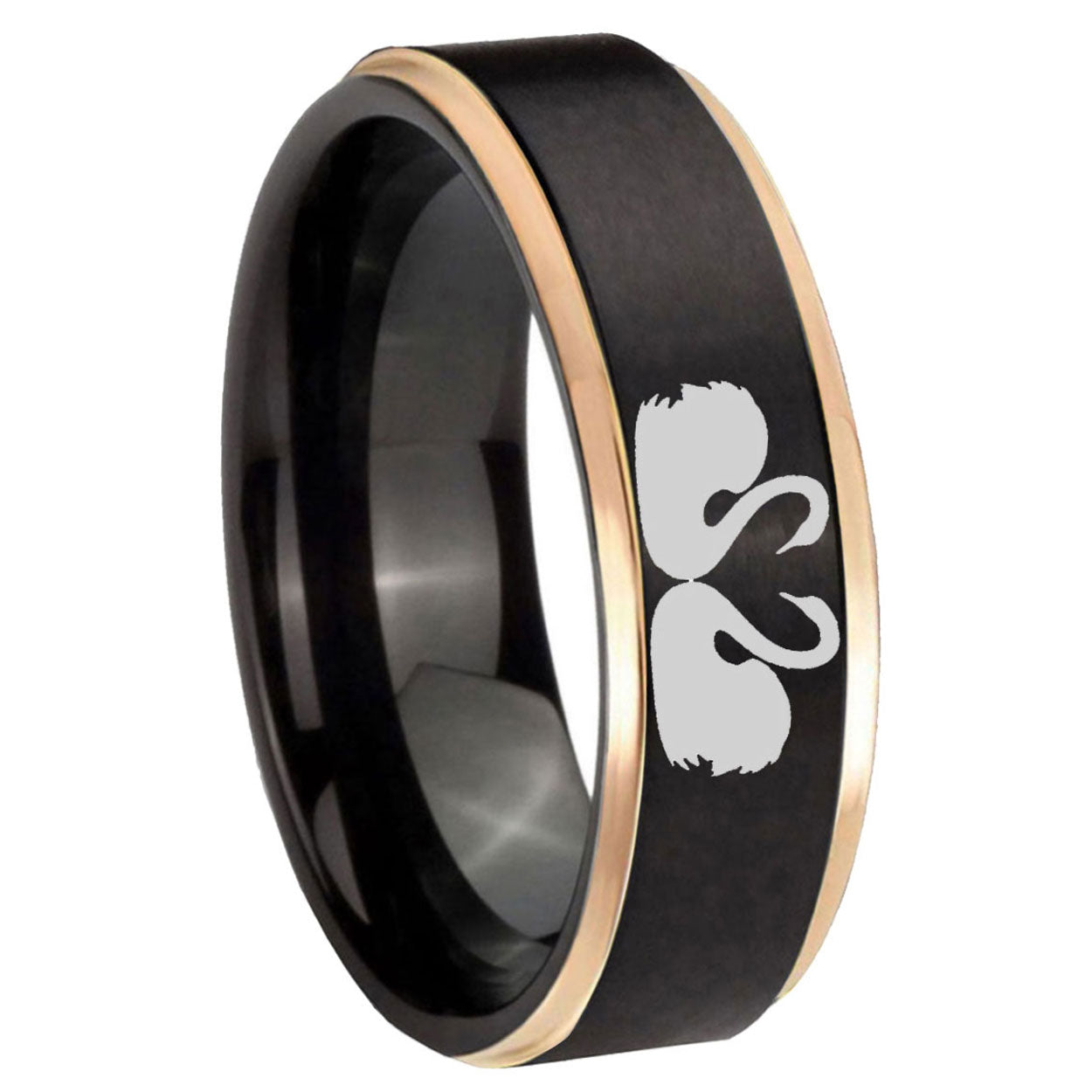 8mm Swans Design Rose Gold Step Edge Black Tungsten Ring