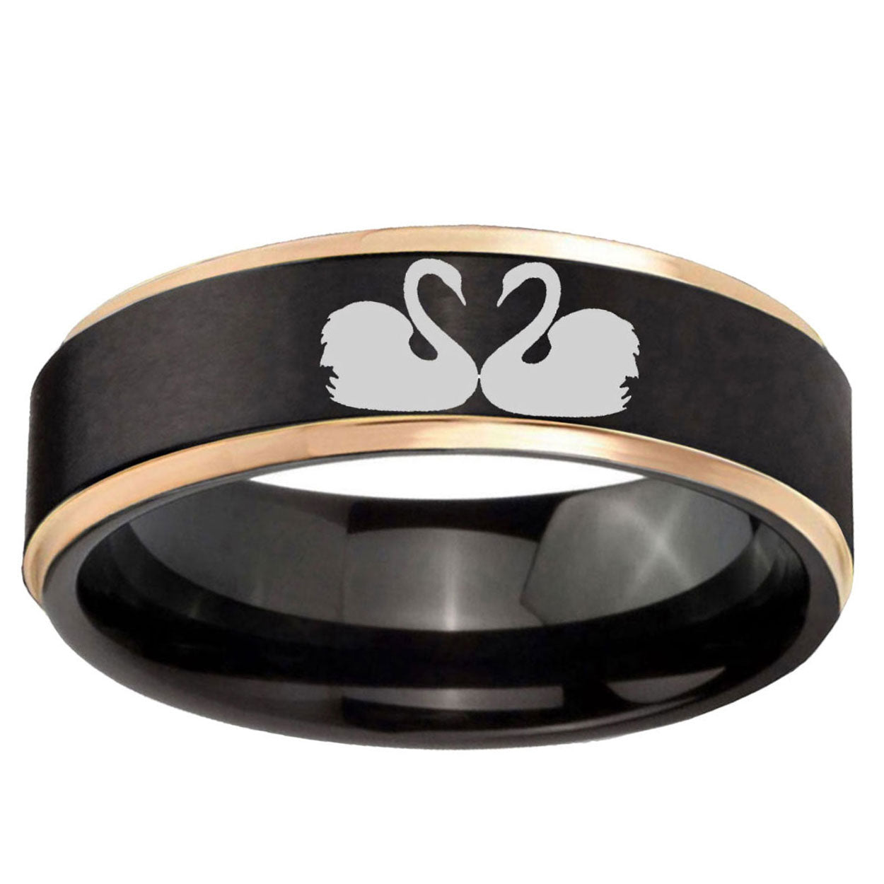 6mm Swans Design Rose Gold Step Edge Black Tungsten Ring