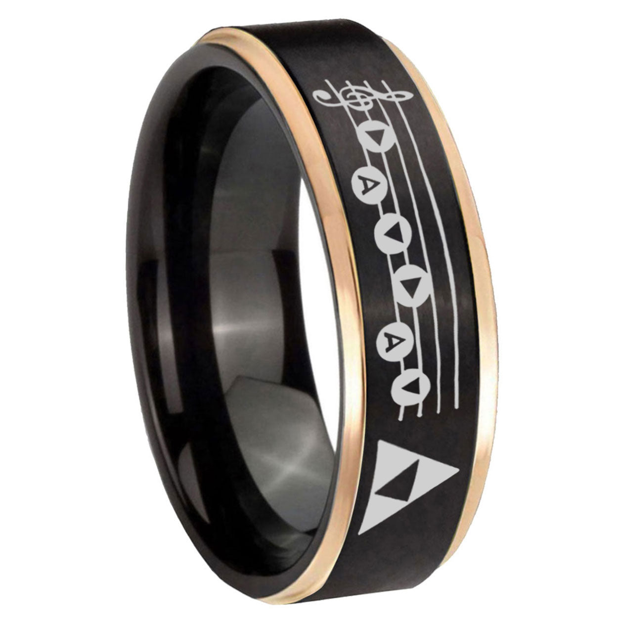 8mm Ocarina Songs Zelda Rose Gold Step Edge Black Tungsten Ring