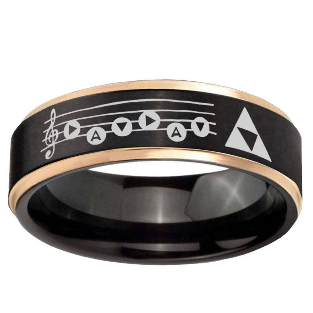 6mm Ocarina Songs Zelda Rose Gold Step Edge Black Tungsten Ring