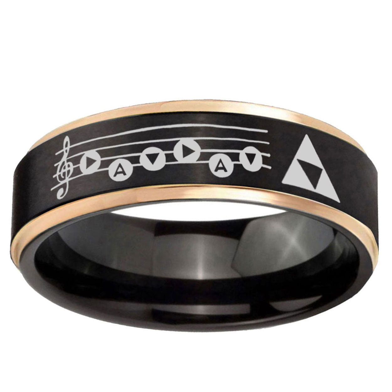 6mm Ocarina Songs Zelda Rose Gold Step Edge Black Tungsten Ring